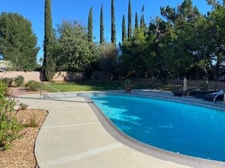 Backyard pool with slide and diving board, flanked by lawn and cypress trees